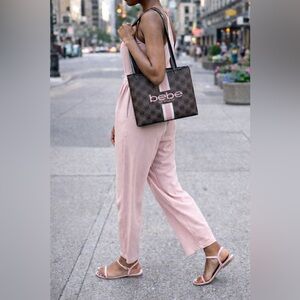 NWT Bebe tote bag w wristlet included brown pink stripes NEW